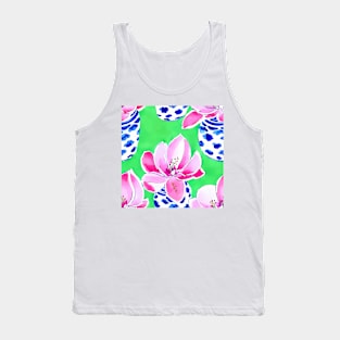 Pink flowers in ginger jars on green background Tank Top